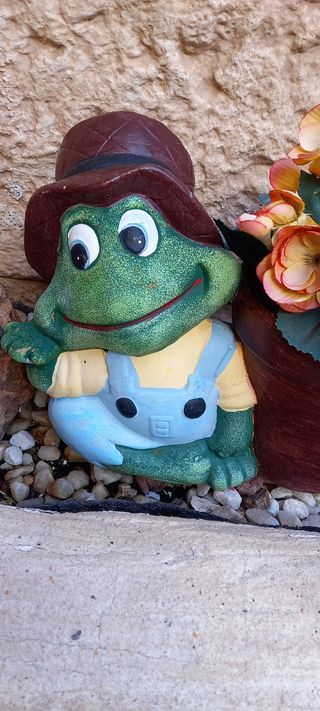 Rana verde con macetero