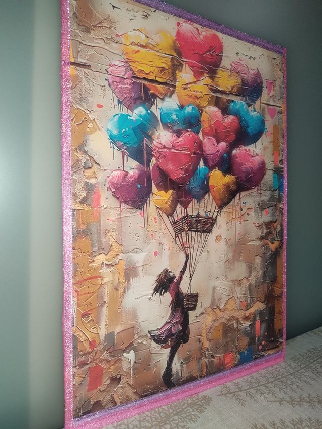 Lienzo vinilo niña con globos corazones de colore