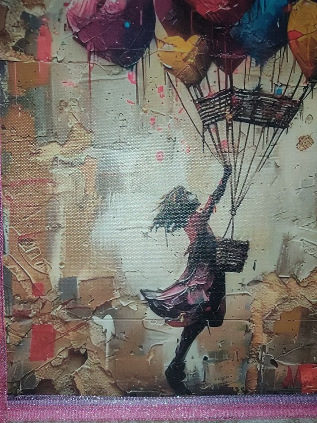 Lienzo vinilo niña con globos corazones de colore