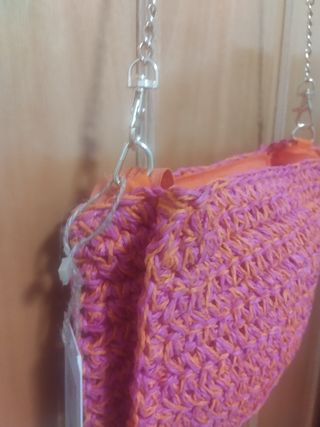 Bolso rafia rosa y naranja cadena 24x18c