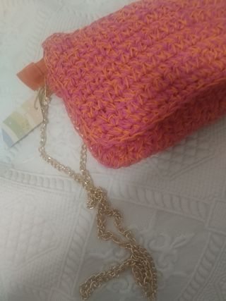 Bolso rafia rosa y naranja cadena 24x18c