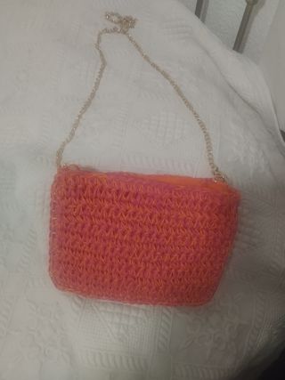 Bolso rafia rosa y naranja cadena 24x18c