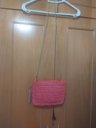 Bolso rafia rosa y naranja cadena 24x18c