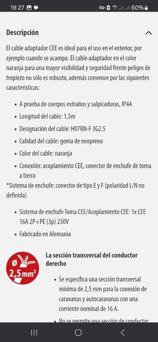 Cable adaptador camping o autocaravana