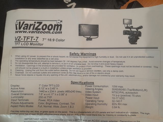 Monitor 7” VariZoom VZ-TFT7