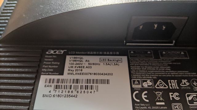 Monitor Acer v196hql sin cables