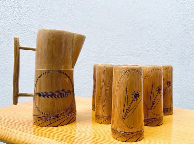 Set tazza e caraffa in bambù anni '80
