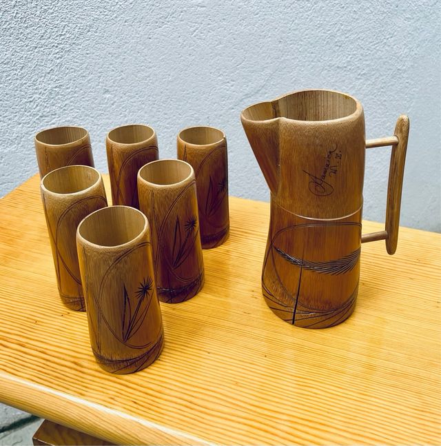 Set tazza e caraffa in bambù anni '80