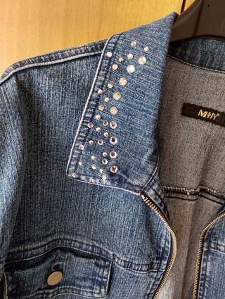 Completo Giacca jeans + pantaloni donna blu strass