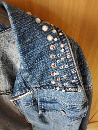 Completo Giacca jeans + pantaloni donna blu strass