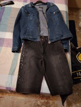 Completo Giacca jeans + pantaloni donna blu strass