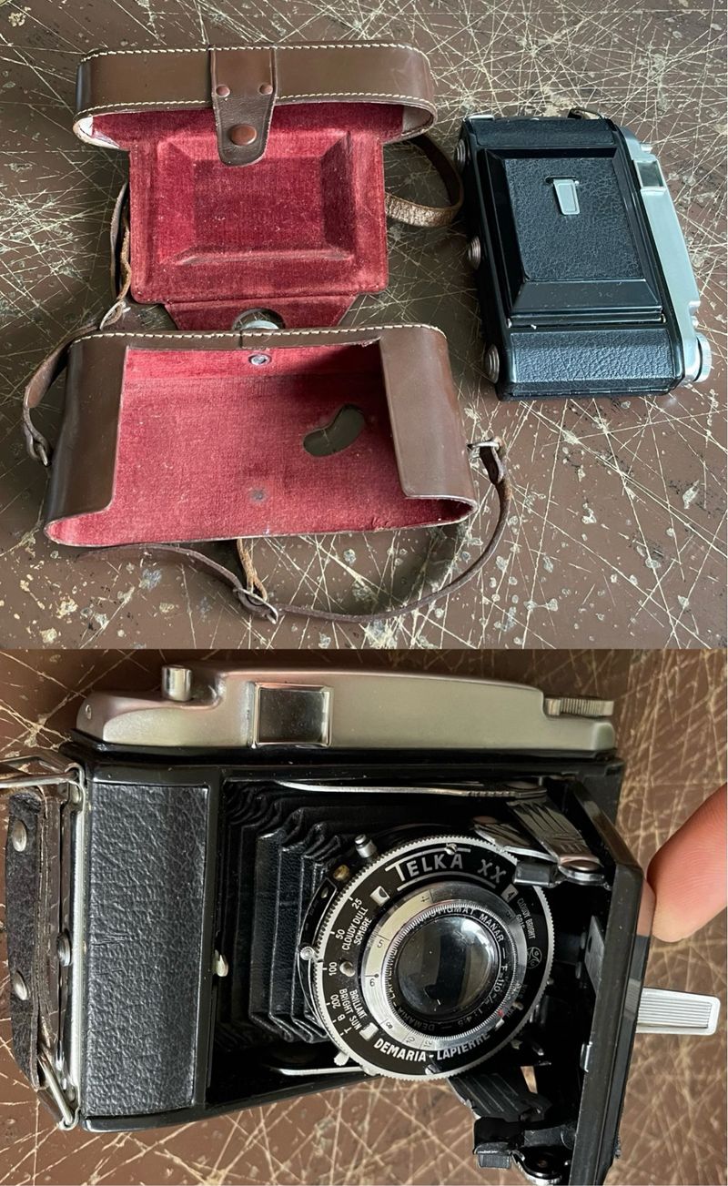 Cámara Telka XX de fuelle con estuche original de cuero de Segunda