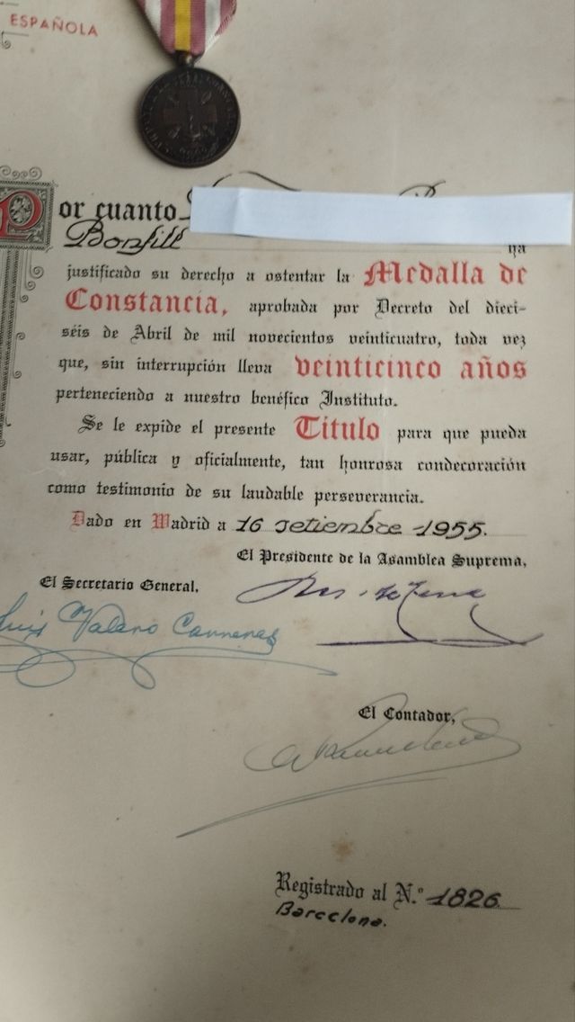 PREMIO A LA CONSTANCIA CRUZ ROJA Y DOCUMENTO 1955