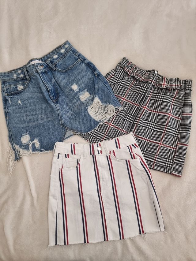 3 Faldas mujer XS/34 - Vaquero, cuadros, rayas