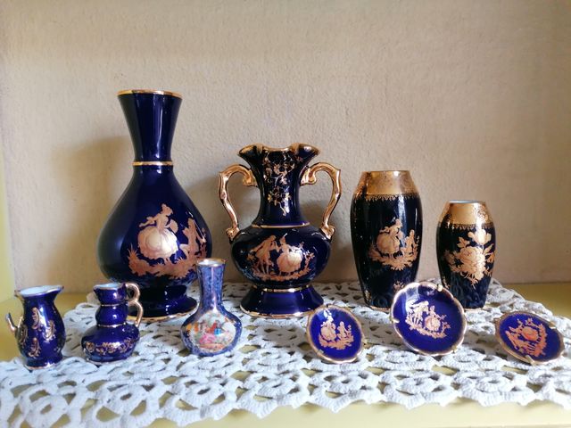 Juego cerámicas Limoges azul y dorado