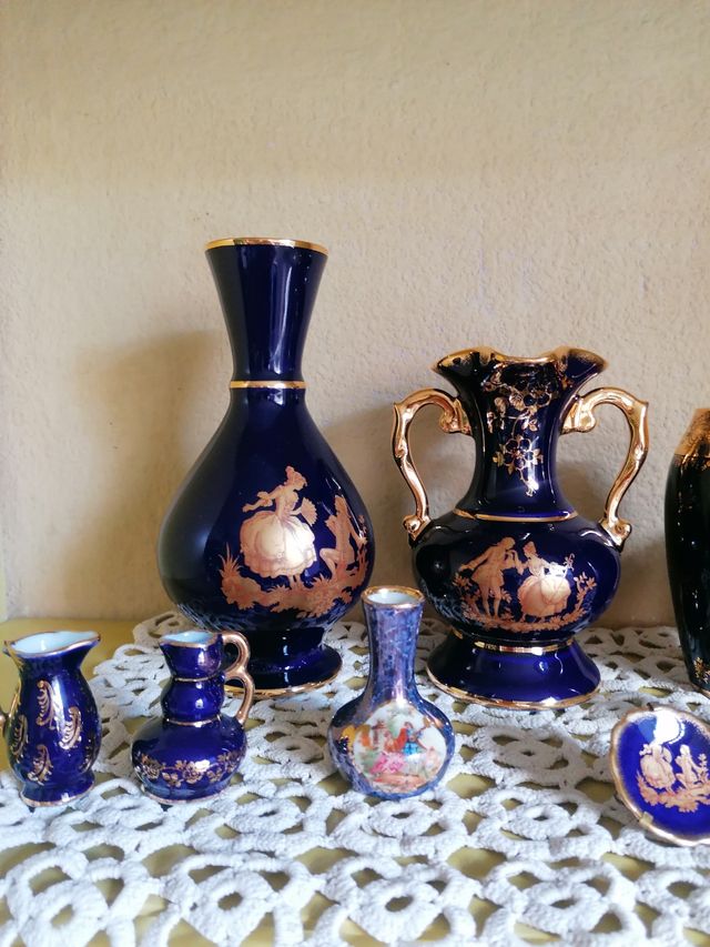 Juego cerámicas Limoges azul y dorado