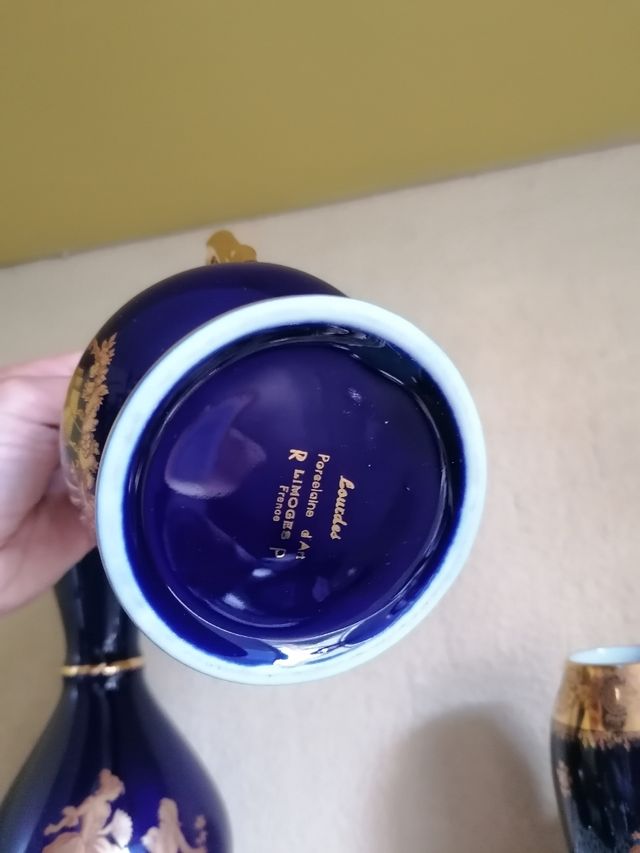 Juego cerámicas Limoges azul y dorado