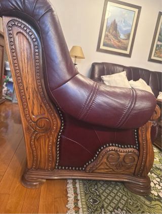 Sofá de piel marrón y roble, GRAN OPORTUNIDAD