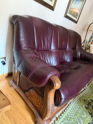 Sofá de piel marrón y roble, GRAN OPORTUNIDAD