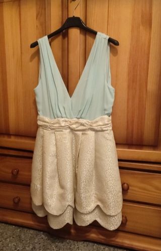 Vestido fiesta dorado y turquesa