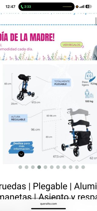 Andador 4 ruedas  Plegable  Aluminio  Frenos en manetas  Asiento y respaldo  Trajano  Deluxe  Mobiclinic