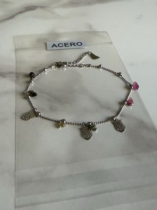 Tobillera de acero plateado buhos y piedras