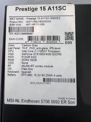 Scheda tecnica MSI Prestige 15 A11SCX-019XES Intel Core i7-1185G7