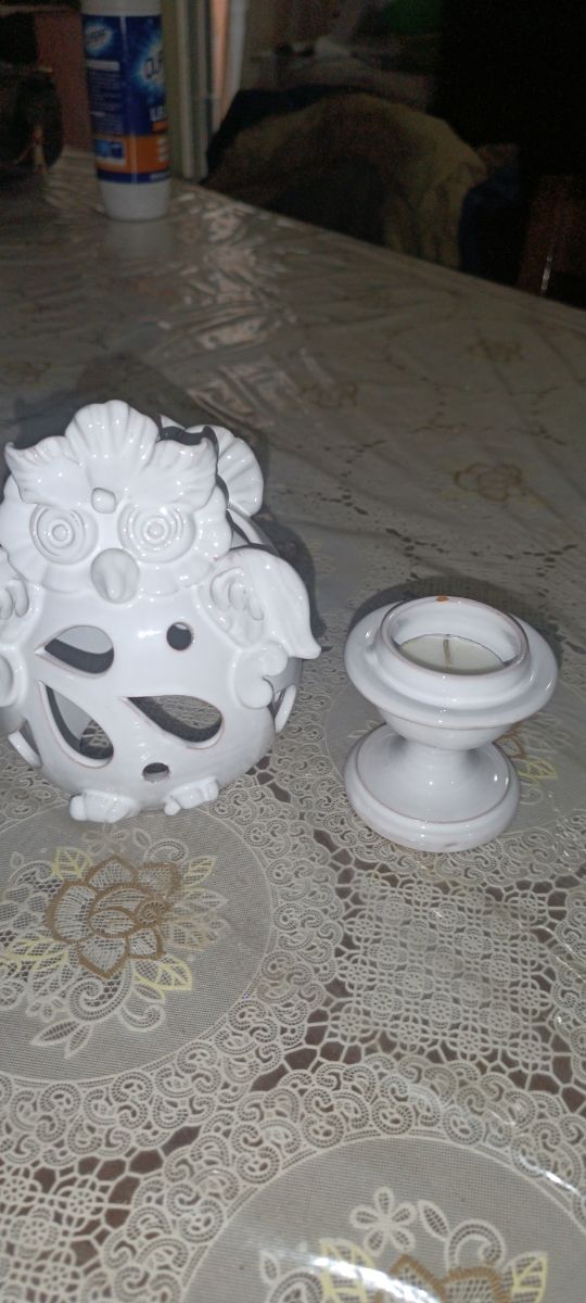 Portacandela Gufo Ceramica Bianco
