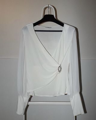 Top Vintage Scollo V Drape Elegante Semi Trasparente Wrap Maniche Lunghe