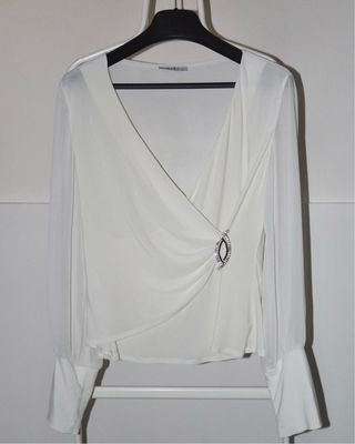 Top Vintage Scollo V Drape Elegante Semi Trasparente Wrap Maniche Lunghe