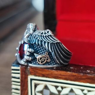 Anello Aquila Argento Rosso ottomano