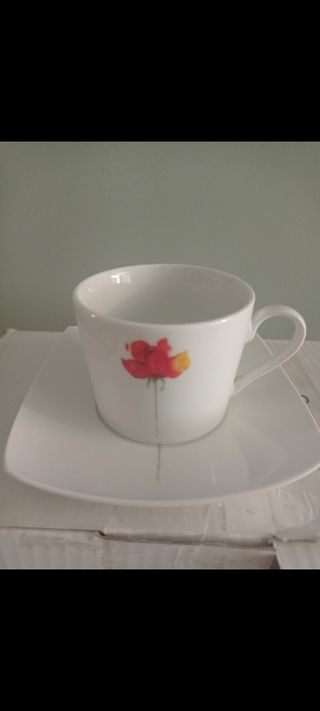 Juego café porcelana - Flores rojas