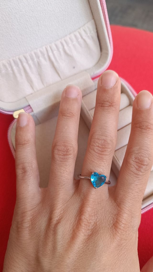 Anillo plata circonita azul corazón