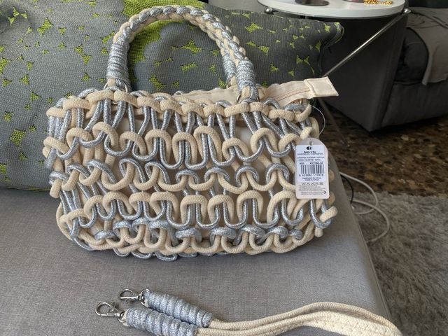 Bolso algodon beige y plata