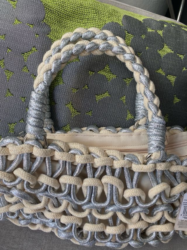 Bolso algodon beige y plata