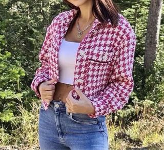 Chaqueta tweed pata de gallo rosa/blanco – botones