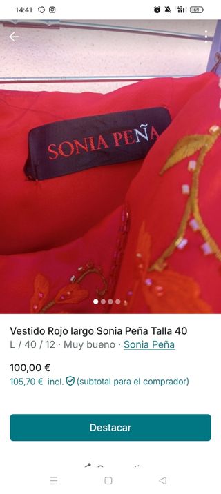 Vestido Rojo Largo Sonia Peña - Talla 40