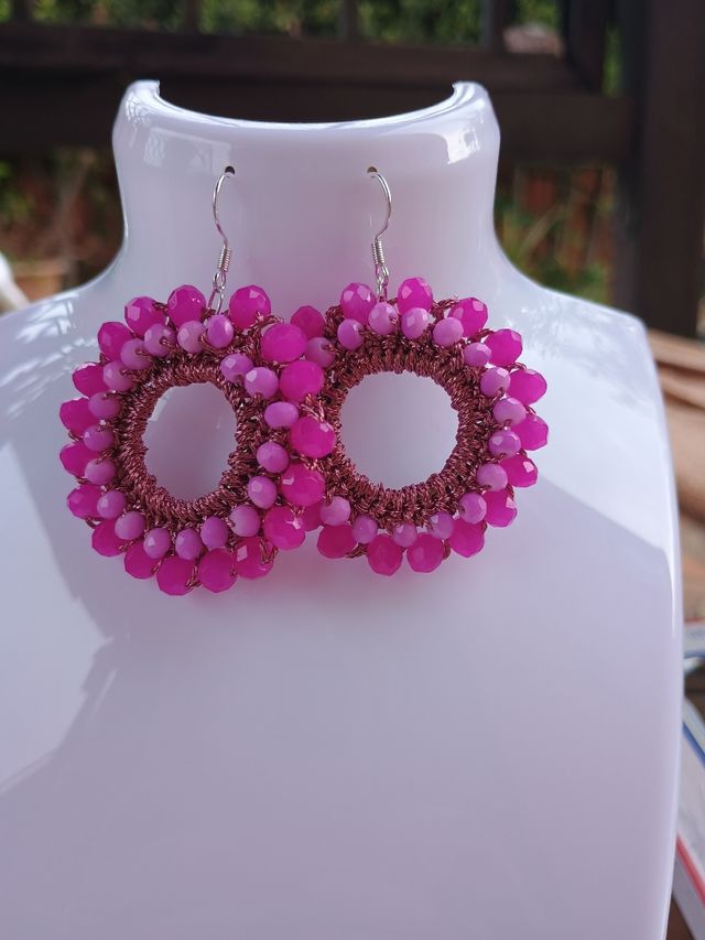 Orecchini uncinetto rosa argento