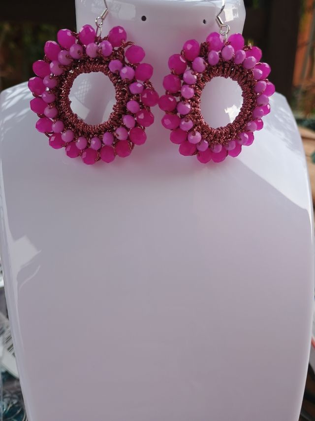 Orecchini uncinetto rosa argento