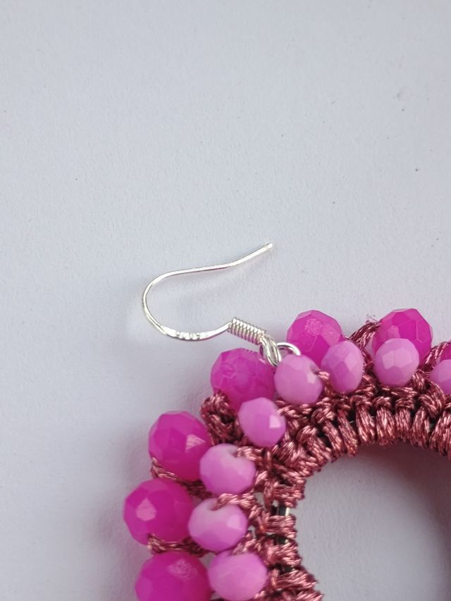 Orecchini uncinetto rosa argento