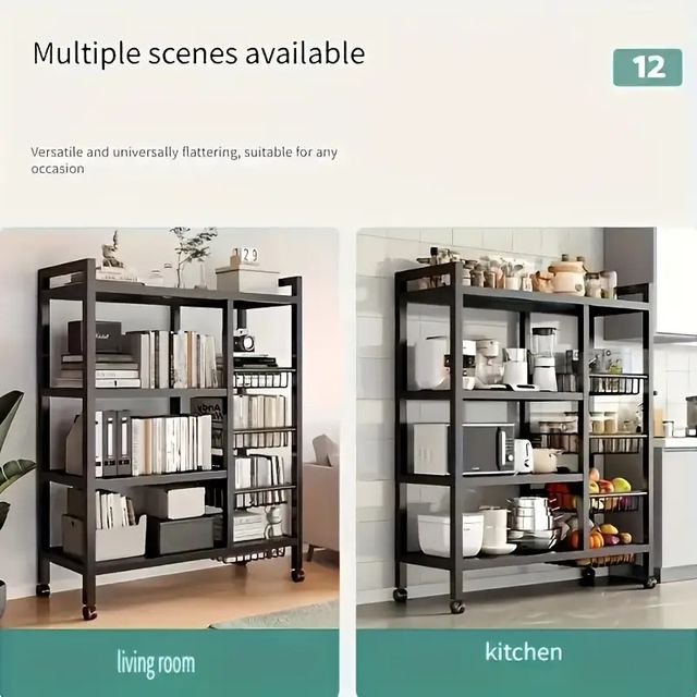 Scaffale a 4 Ripiani Regolabili, Carrello Mobile