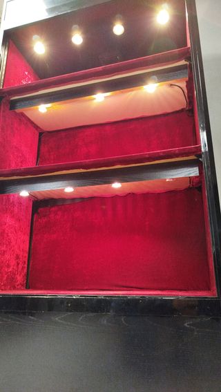 VITRINA EXPOSITORA NEGRA, ALUMBRADO Y TERCIOPELO