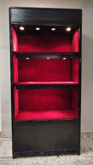 VITRINA EXPOSITORA NEGRA, ALUMBRADO Y TERCIOPELO