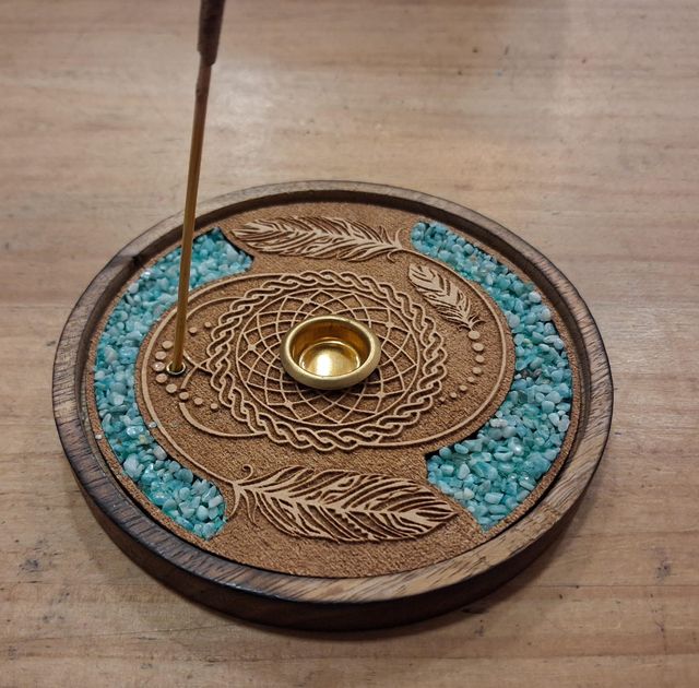 Portaincienso de madera y amazonita