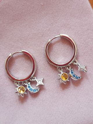 Pendientes aro estrella, sol y luna plata 