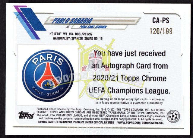 Pablo Sarabia cromo autografo Topps Chrome /199