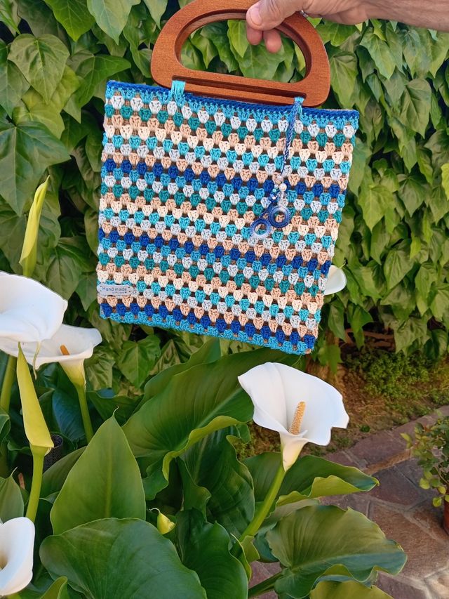 Borsetta uncinetto beige-blu Onda