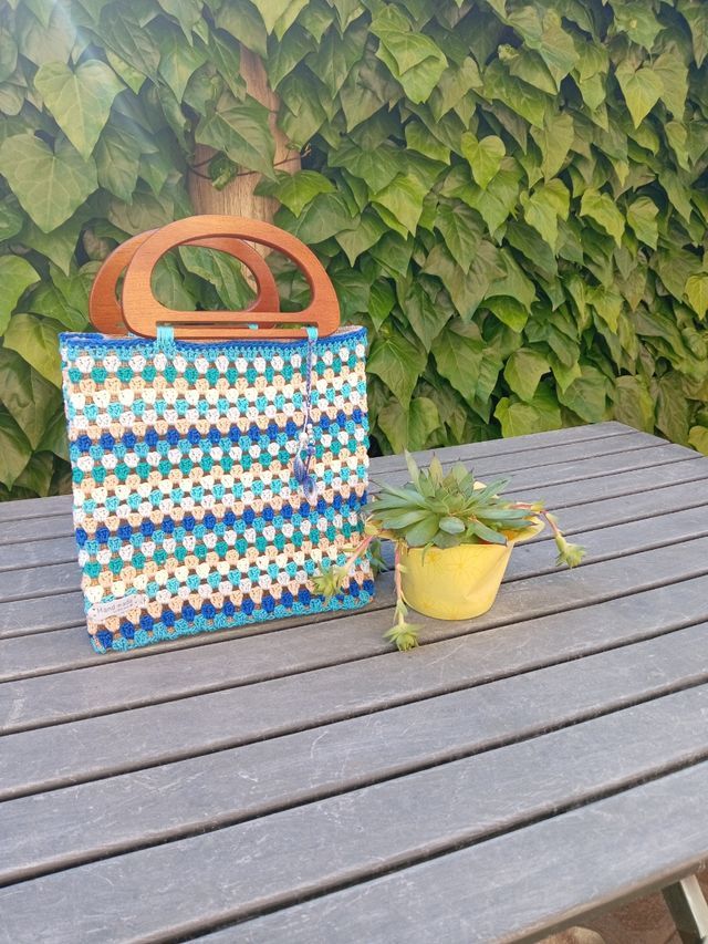 Borsetta uncinetto beige-blu Onda