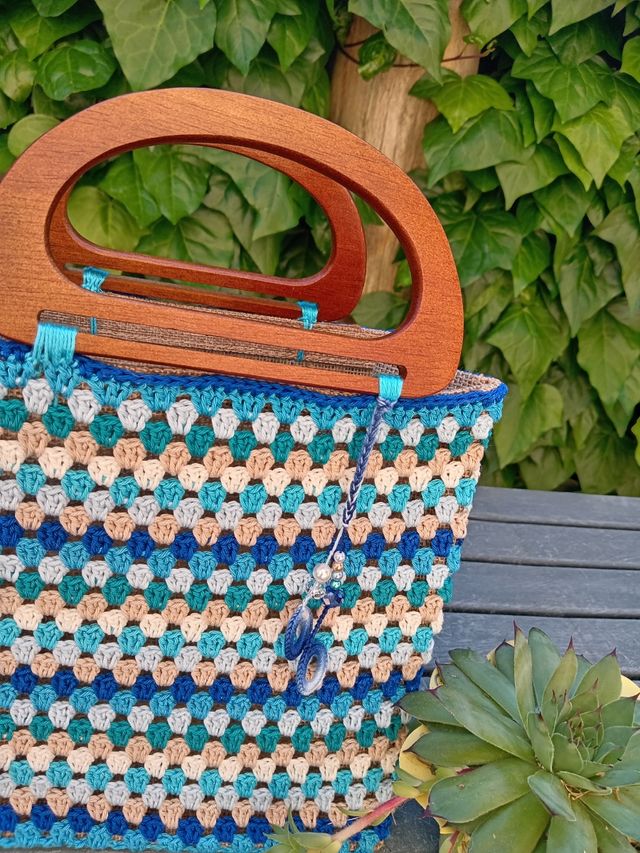 Borsetta uncinetto beige-blu Onda