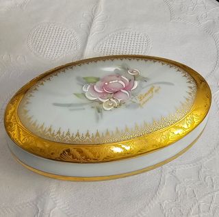 Caja joyero Limoges vintage ovalada, pintado a man